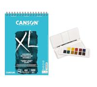 Lote de Canson XL, Papel de acuarela, Prensado en frío, 300g, A4, Blanco, 30 Hojas + Daler-Rowney Aquafine, Travel Set, Medio Godet, 12 Colores Surtidos + 1 Pincel Aquafine