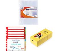 Lote Oficina Grafoplas - Pack de 100 Fundas Multitaladro A4 Transparentes + Juego de Separadores A4 10 Posiciones + Pack de 12 Notas Adhesivas Amarillas Fixo 38X51mm