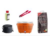 LotusGrill Juego de iniciación Classic naranja mandarina con USB, 1 x carbón haya 2,5 kg, 1 x pasta combustión 200 ml, 1 x pinzas salchichas