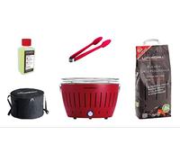 LotusGrill Juego de iniciación de barbacoa de carbón 1 barbacoa con conexión USB de color rojo fuego, 1 carbón 2,5kg, 1 líquido combustible de 200 ml, 1 pinza (color según existencias), 1 bolsa