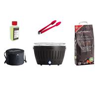 LotusGrill - Juego de iniciación de barbacoa de carbón vegetal sin humo: 1 barbacoa con conexión USB de color gris antracita, 1 paquete de carbón de haya de 1 kg, 1 líquido combustible de 200 ml, 1 pinza para salchichas (color según existencias), 1 bolsa de transporte