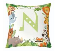 Loussiesd Juego de 1 funda de cojín de animales de la selva, 45 x 45 cm, funda de almohada con letra N del alfabeto y dibujos animados, decoración de animales de safari, funda de almohada tropical
