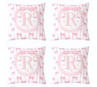Loussiesd Juego de 4 fundas de almohada con lazo rosa de 40 x 40 cm, fundas de cojín cuadradas de rayas rosas y blancas con inicial R, funda de cojín de princesa de ensueño para sofá, decoración de
