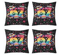 Loussiesd Juego de 4 fundas de almohada con texto en inglés "I was 6 Now I'm 7 Birthday", 40 x 40 cm, diseño floral de 7º cumpleaños, funda de almohada decorativa para interiores y exteriores, súper