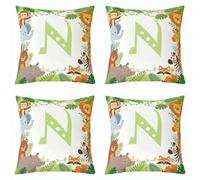 Loussiesd Juego de 4 fundas de cojín de animales de la selva, 40 x 40 cm, funda de cojín con letra N del alfabeto de dibujos animados, safari, decoración de animales, hojas de palma tropicales, para