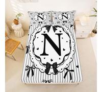 Loussiesd Juego de sábanas bajeras con lazo negro, tamaño individual, para niños y niñas, con letra inicial N, bolsillo profundo de 40,6 cm, microfibra suave, transpirable, con 1 funda de almohada