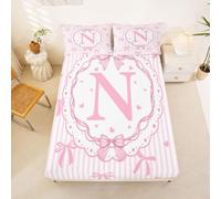 Loussiesd Juego de sábanas bajeras con lazo rosa, tamaño King, para niños y niñas, con letra inicial N, bolsillo profundo de 40.6 cm, microfibra suave y transpirable, con 2 fundas de almohada