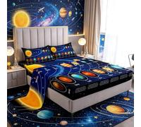 Loussiesd Juego de sábanas del Sistema Solar, Ropa de Cama de Doble tamaño Espacial, Galaxia, Universo, astronomía, Bolsillos Profundos, sábanas de 4 Piezas, 1 sábana Bajera y 1 sábana Bajera con 2 f
