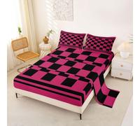 Loussiesd Juego de sábanas retro de cuadros color rosa intenso y negro, tamaño doble, juego de cama geométrico vintage a cuadros para niños, moderno, simple, con bolsillo profundo, sábana bajera