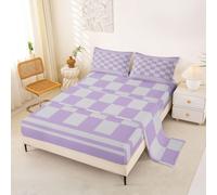 Loussiesd Juego de sábanas retro de cuadros de ajedrez, tamaño King, para niños y niñas, juego de ropa de cama vintage de cuadros geométricos morados, moderno, simple, con bolsillos de 16 pulgadas de