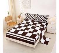 Loussiesd Juego de sábanas retro de cuadros tamaño King, vintage, marrón, blanco, geométrico, a cuadros, con bolsillo profundo, juego de ropa de cama moderno, simple, suave, 4 piezas con 2 fundas de