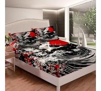 Loussiesd Sábana bajera ajustable de onda japonesa, 90 x 200 cm, diseño de grúa, estilo japonés, estilo oriental, exótico, estilo retro