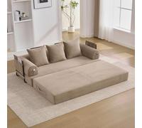 Lubvtti Sofá cama de 3 plazas con bolsillos laterales más 3 cojines, estructura de metal resistente, sofá modular plegable de compresión, sofá de 3 plazas de terciopelo acanalado (A-caqui+3 plazas)