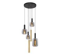 Lucide Lámpara colgante Joanet, Ø 65 cm, humo/latón Vidrio/metal 6 luces.