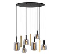 Lucide Lámpara colgante Joanet, longitud 130 cm, humo/latón, cristal, 9 luces.