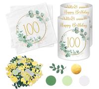 Luckeey: 20 Servilletas de 100 Cumpleaños + 12 Portavelas + 100 Confeti Verde, Decoración para Mesa de 100 Cumpleaños de Mujer y Hombre, Regalos para 100 Años, Eucalipto