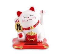 Lucky Cat, Mini estatua de gato japonés Maneki Neko con brazo ondeante alimentado por energía solar para la decoración del salpicadero del coche en casa(blanco)