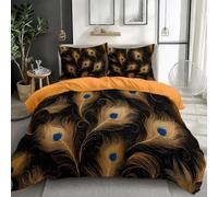 Lujo - Funda nórdica de 240 x 220 cm, diseño de plumas pavo real de oro para niños, niñas, de microfibra con cremallera, color amarillo y 2 fundas de almohada de 65 x 65 cm