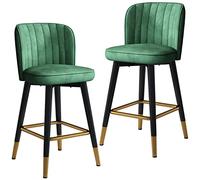 Lujosos taburetes de bar giratorios de terciopelo verde, juego de 2 sillas altas con patas negras y reposapiés cromado dorado para encimera de cocina o bar en casa (75 cm de altura)