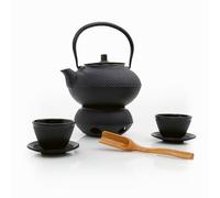 Lumaland Juego de té 8 Piezas | Tetera de Hierro Fundido de 1,4 litros Tetsubin y Calentador de Tetera, 2 Tazas de té & 2 Posavasos | Cuchara medidora de bambú & colador de Acero Inoxidable