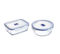 Luminarc 9207677 Pure Box Active - Recipiente Hermético Rectangular, Vidrio, Transparente y Azul, 1.22 L & Pure Box Active - Recipiente hermético de vidrio, redondo, transparente y azul, tamaño 0.92
