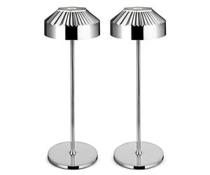 LuminexDesigns Lámpara de Mesa LED Recargable Pack de 2 TL16 VIOA | Compacta 25cm sin cable para estanterías, vitrinas, joyería, bistrós, terrazas y exterior, IP54, 2600 mAh ,Cromada
