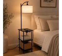 LuminexDesigns Lámpara de Pie con Estantes, Estación de Carga WOVI FL04 | Vintage Retro Nogal con 3 Madera Niveles de Almacenamiento, E27 Giratoria, para Salón, Dormitorio, Rincón y Oficina