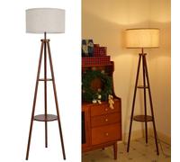 LuminexDesigns Lámpara de Pie Trípode de Madera con Repisa WOVI FL03 | Vintage Rústica Retro en Nogal con Pantalla de Tela, Interruptor de Pie, 154cm, E27, para Salón, Dormitorioy