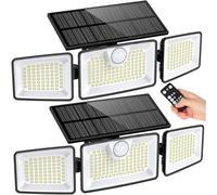 Lumisky GLEAMAX - Lote de 2 focos solares con 3 cabezas negras, luz LED blanca potente, orientables con sensor de movimiento y mando a distancia, ideal para jardín, terraza y exterior