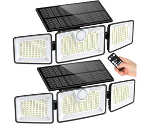 Lumisky GLEAMAX - Lote de 2 focos solares con 3 cabezas negras, luz LED blanca potente, orientables con sensor de movimiento y mando a distancia, ideal para jardín, terraza y exterior