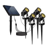 Lumisky ROUNDY - Lote de 4 focos solares con panel solar transportado - Luz LED potente blanco cálido, 4 en 1 para pinchar o fijar, ideal para jardín, terraza y callejón (H27 cm)