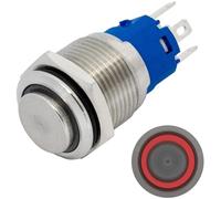 Lumonic interruptor pulsador de acero inoxidable elevado 16mm de diámetro I Con un LED anular en rojo Dimensiones: 2,8x0,5mm Pin es 250V 3A I Antivandálico según norma IP65