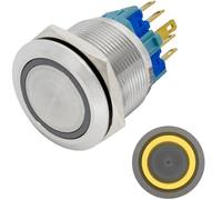 Lumonic interruptor pulsador de acero inoxidable plano de 22mm de diámetro I Con un LED anular en amarillo Dimensiones: 2,8x0,5mm clavijas 250V 3A I Antivandálico según norma IP65