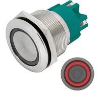 Lumonic interruptor pulsador de acero inoxidable plano de 25mm de diámetro I Con un LED anular en rojo Dimensiones: Borne de tornillo 250V 3A I Antivandálico según norma IP65
