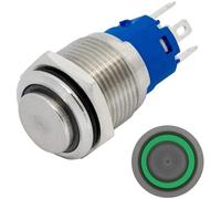 Lumonic pulsador de acero inoxidable elevado 16mm de diámetro I Con un LED anular en verde Dimensiones: 2,8x0,5mm Pin es 250V 3A I Antivandálico según norma IP65