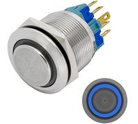 Lumonic pulsador de acero inoxidable, elevado 22mm de diámetro I Con un LED anular en azul Dimensiones: 2,8x0,5mm clavijas 250V 3A I Antivandálico según norma IP65