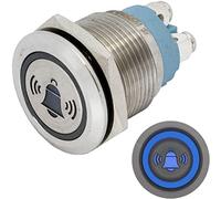 Lumonic pulsador de acero inoxidable plano de 19mm de diámetro I Con un LED de campana en azul Dimensiones: Conexión por tornillo 250V 3A I Antivandálico según norma IP65