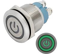 Lumonic pulsador de acero inoxidable plano de 19mm de diámetro I Con un LED de encendido en verde Dimensiones: Conexión por tornillo 250V 3A I Antivandálico según norma IP65