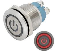 Lumonic pulsador de acero inoxidable plano de 19mm de diámetro I Con un LED de potencia en rojo Dimensiones: Conexión por tornillo 250V 3A I Antivandálico según norma IP65