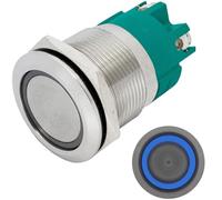 Lumonic pulsador de acero inoxidable plano de 22mm de diámetro I Con un LED anular en azul Dimensiones: Borne de tornillo 250V 3A I Antivandálico según norma IP65
