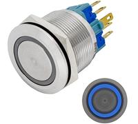 Lumonic pulsador de acero inoxidable plano de 25mm de diámetro I Con un LED anular en azul Dimensiones: 2,8x0,5mm clavijas 250V 3A I Antivandálico según norma IP65