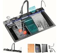 LUMS Fregadero de Cocina Multifuncional Acero Inoxidable Negro, Fregadero 1 Seno con Grifo Cascada, Pantalla Digital y Luz LED, Incluye Lava Vasos y Accesorios