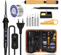 Lunriwis 80W LCD Soldador Estaño Kit, 180-500°C Temperatura Regulable Soldador con Interruptor On/Off, Herramienta de Soldadura con 5 Puntas, 50g Alambre de Soldadura, Bomba Desoldadora