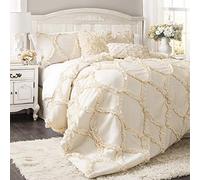 Lush Decor Avon - Juego de edredón de 3 piezas, matrimonial/Queen, color marfil, juego de ropa de cama romántica de granja, elegante ropa de cama con volantes, edredón texturizado suave, decoración de