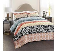 Lush Decor Bohemian Stripe Reversible Cotton Duvet Cover Set Rayas Bohemias, Algodón, Turquesa y Naranja, Rey