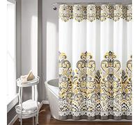 Lush Decor Clara - Cortina de Ducha de Tela, diseño de Damasco de Cachemira, 183 x 183 cm, Amarillo, Gris y marrón