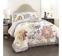 Lush Decor Comforter Set-Flower Pattern Piece Bedding-Full Queen and Navy Juego de edredón Aster - Ropa de Cama Reversible de 5 Piezas Coral y Azul Marino, Poliéster