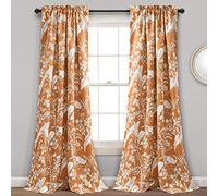 Lush Decor Dolores - Paneles de Ventana filtrantes de luz, par, 132 cm de Ancho x 213 cm de Largo, Color Naranja, Cortinas Toile con Estampado Floral de pájaros, Cortinas de Campo francés y