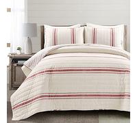 Lush Decor Farmhouse Stripe - Juego de edredón de 3 Piezas, Rojo, King/Lime King