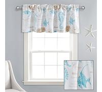Lush Decor Harbor Life - Cenefa de Cortina para Ventana con Filtro de luz, 52 Pulgadas de Ancho x 18 Pulgadas de Largo, Color Azul y Gris Pardo, Cenefa de Ventana de Conchas Marinas, Cortina Costera,